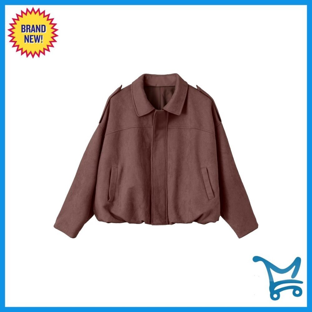 Faux Suede Bomber Jacket Cropped Zip Up Long Sleeve with Pockets